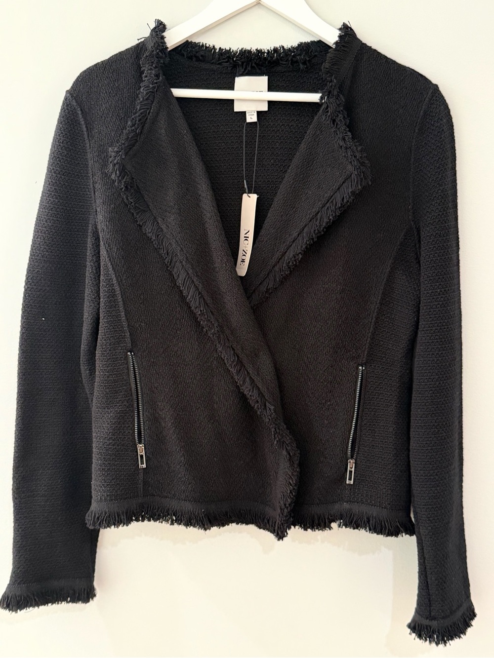 NIC+ZOE Black Fringe-Trim Open Cardigan with Zip Pockets